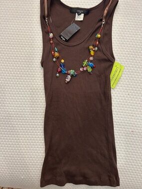 Brown Ribbed Longer Tank with Multicolor Beaded Necklace-S-NWT